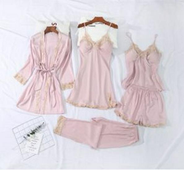 Women's Satin Chiffon Five-Piece Pajama Set: Sexy Faux Silk with Camisole, Robe, and Chest Pads for Autumn and Summer.