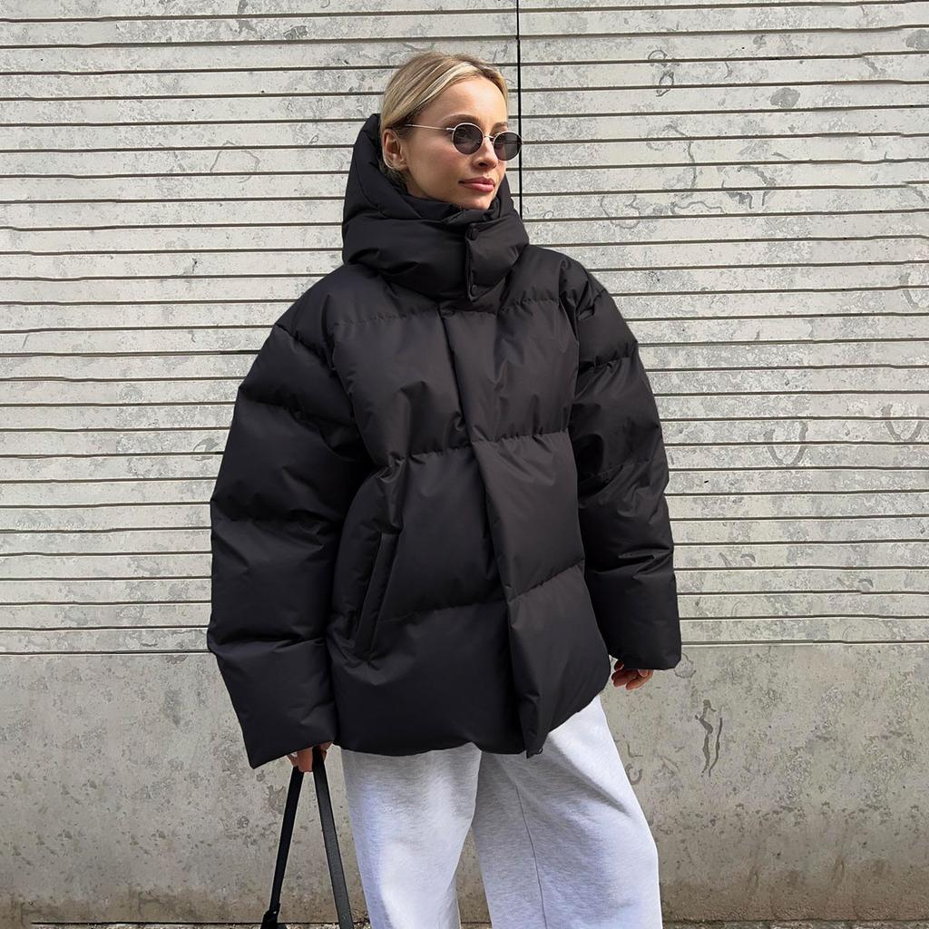 Casual Women Thicken Hooded Down Cotton Jacket Fashion Long Sleeve Lapel Snow Coat Lady Winter Chic Daily Warm Commute Wear