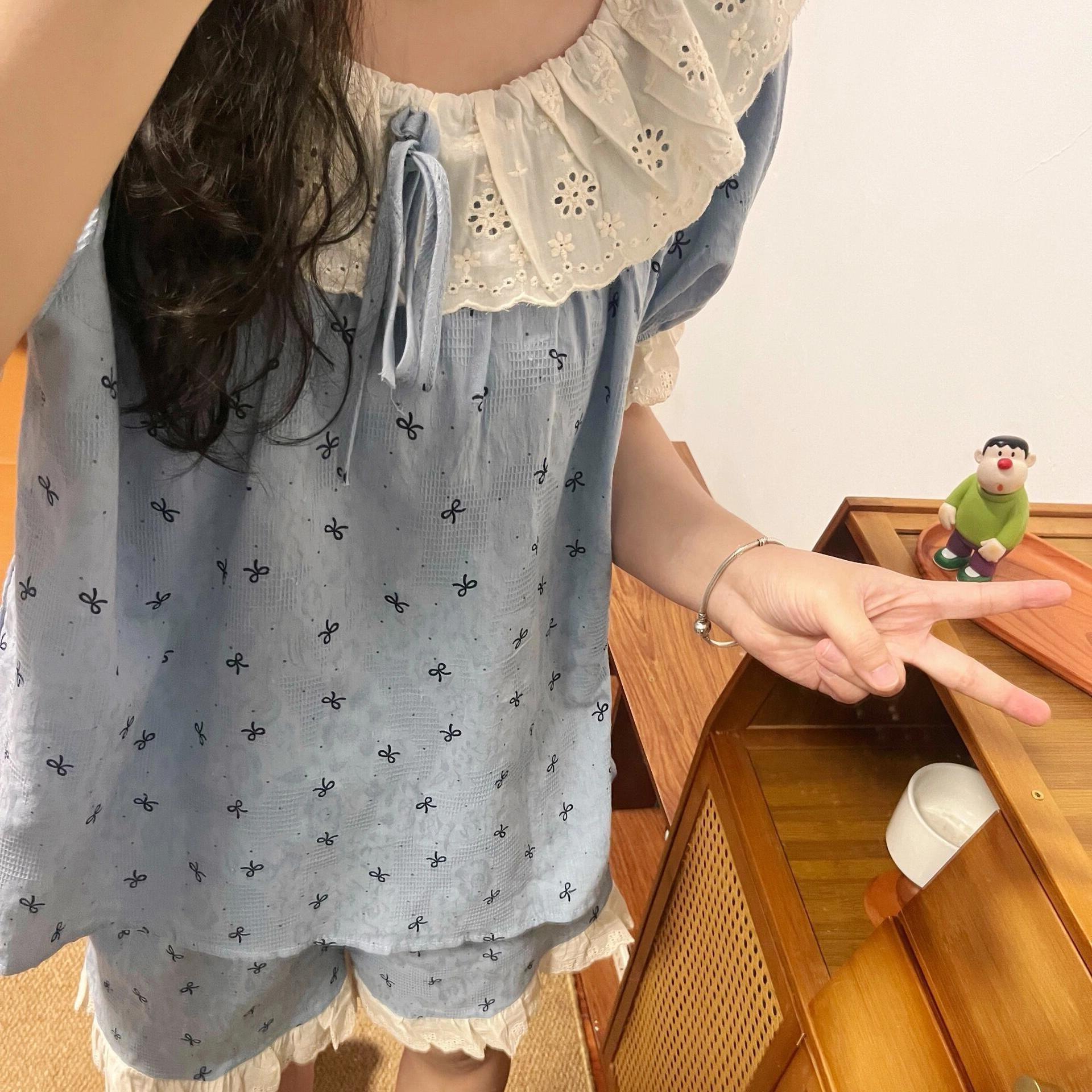 

Lace bow pajamas women s summer new short-sleeved ins wind Japanese sweet student homewear suit outer wear s [recommended weight 80-95]