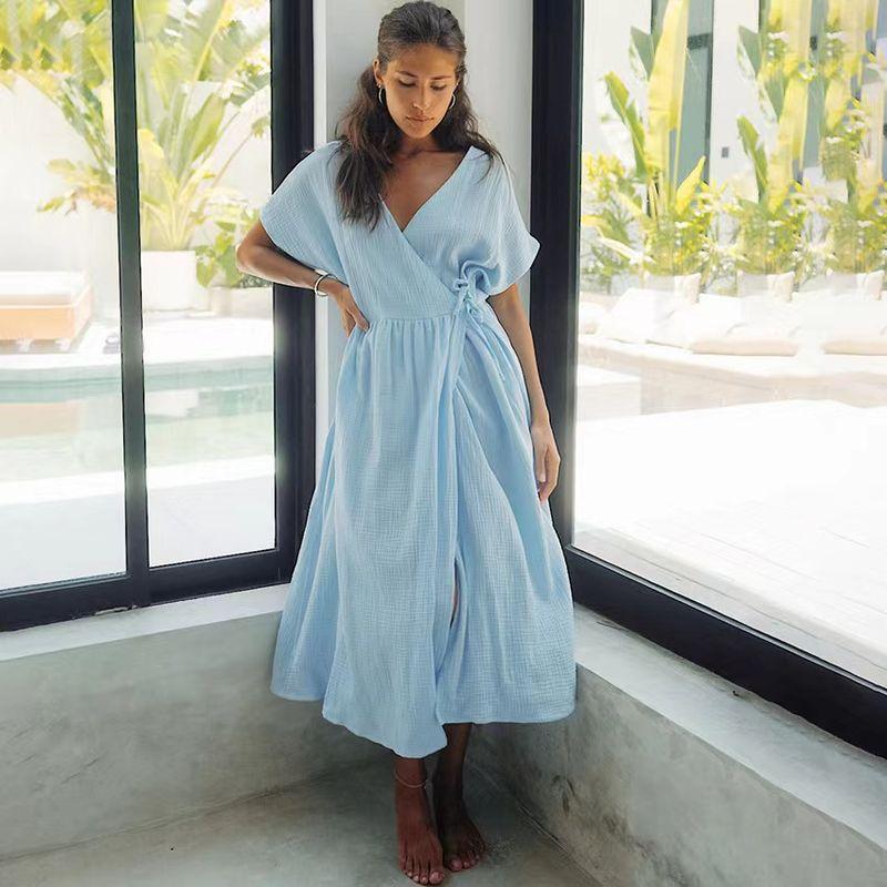 

Western Style New Women Fashion Short sleeve Comfortable Loose Lace-up Dress Loose Lace up Dress Blue S