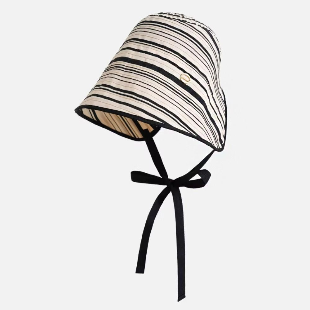 Wide Brim Women Striped Fisherman Hat Solid Color Bucket Hat Casual Sunscreen Visor Cap Camping
