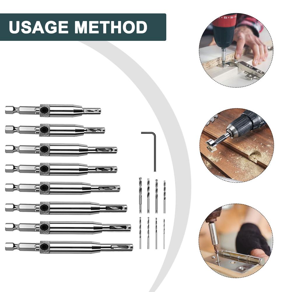 17pcs HSS Self Centering Hinge Drill Bit Set for Pilot Holes in Door Cabinet with 6mm Shank for Electric Drills