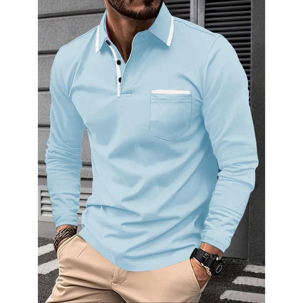 Men's new cross-border fashion lapel collage button men's casual sports long sleeved polo shirt