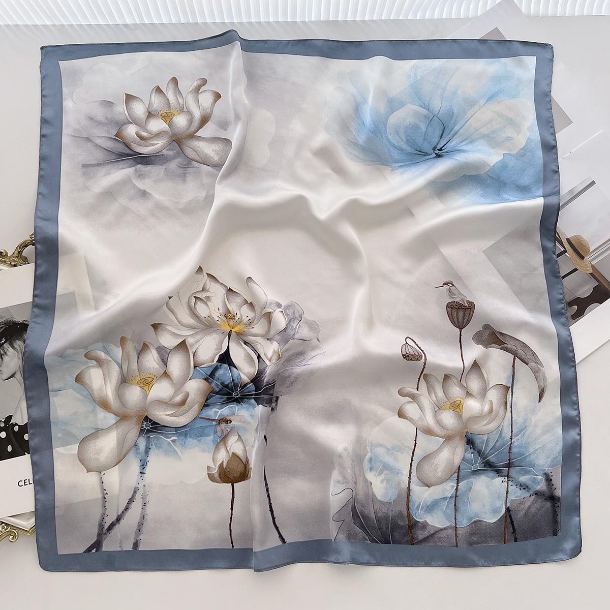 

Белый Фон Синяя Рамка Пасторальный Лотос Имитация Шелкового Шарфа Женский Весна Лето Легкий Темперамент Декоративная Повязка На Голову Маленький Шарф 66cm