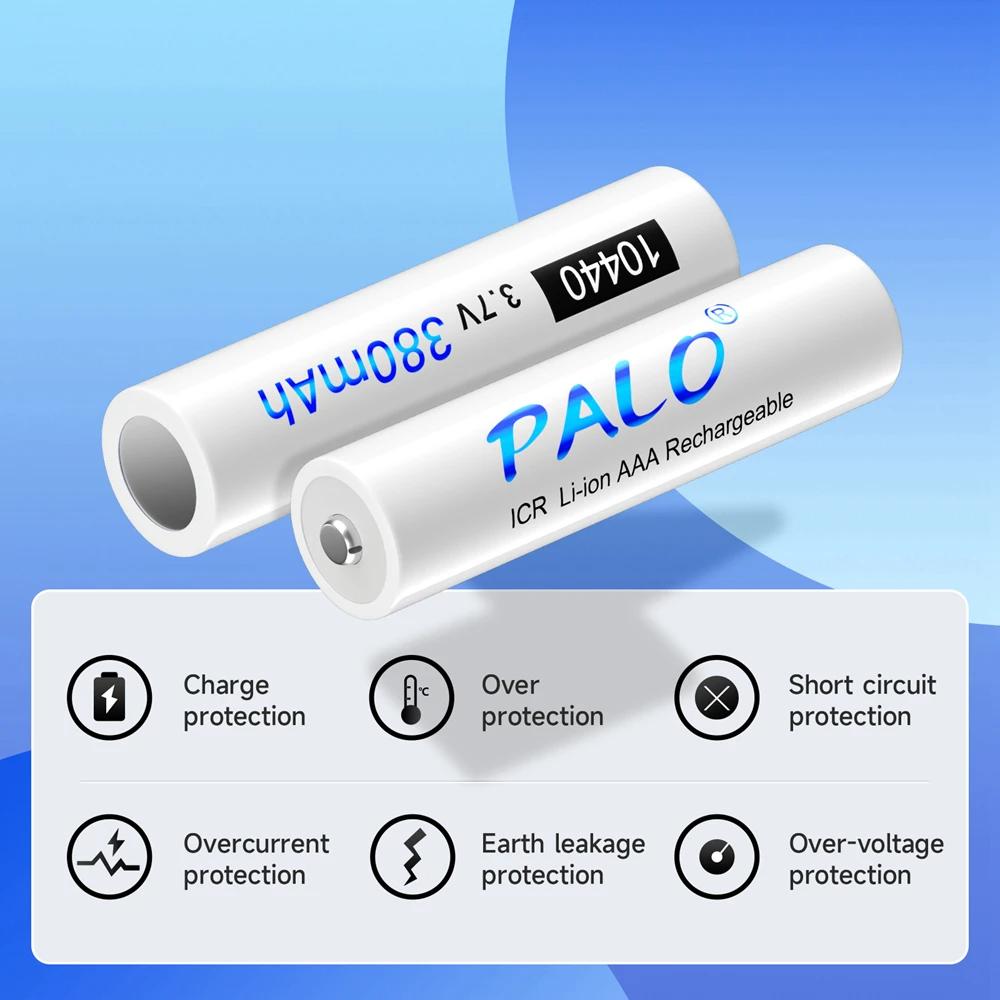 PALO 20-40pcs 10440 Battery 380mAh Top Button 3.7V 10440 Rechargeable Lithium Battery AAA 3A Rechargeble Li-ion Batteries