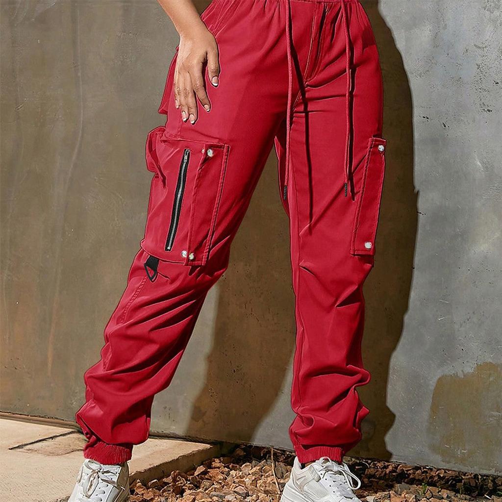 Women's Solid Color Work Pants, Sports Pants, Functional Pants, Pocket Drawstring Casual Pants