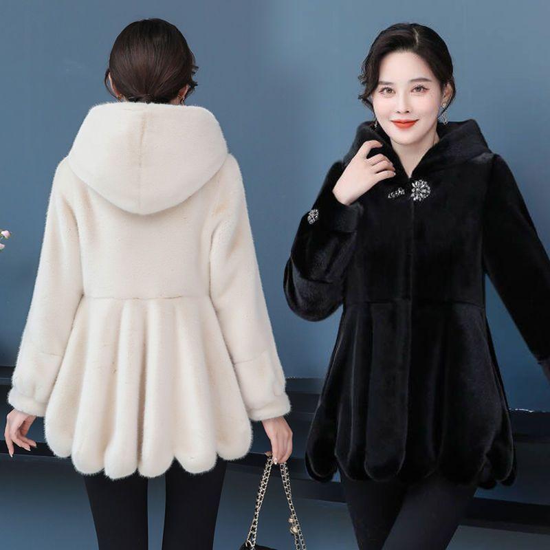 Autumn and winter new imitation mink velvet women's coat medium and long imitation fox fur coat hooded large size slim and thin