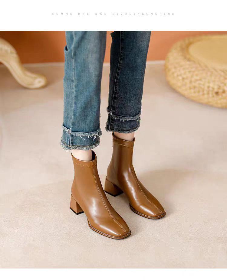 2025 new thick heel short boots women's French square head spring and autumn single boots fashion medium tube thin boots black high heel boots