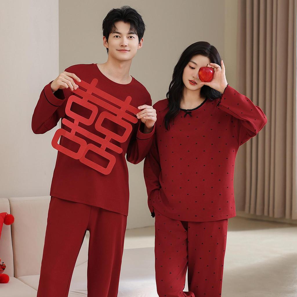 Tencel Lyocell Red Zodiac Couple Pajamas Set - Long Sleeve and Pants for Spring & Autumn