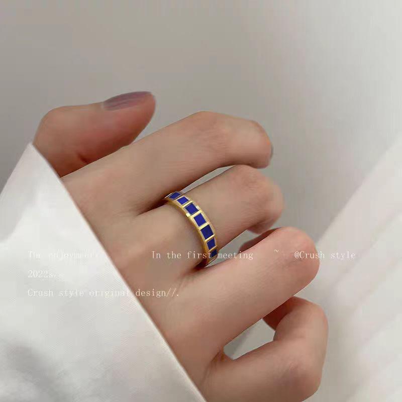 Simple And Versatile Blue Plaid Ring Women'S Niche And Versatile Design Sense Premium Open Index Finger Ring