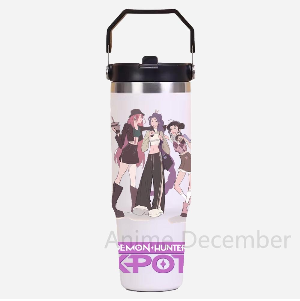30Oz Anime K-Pop Large Capacity Portable Car Cup Stainless Steel Thermos Cup with Straw Handle Travel Sports Water Bottle Vacuum Flask