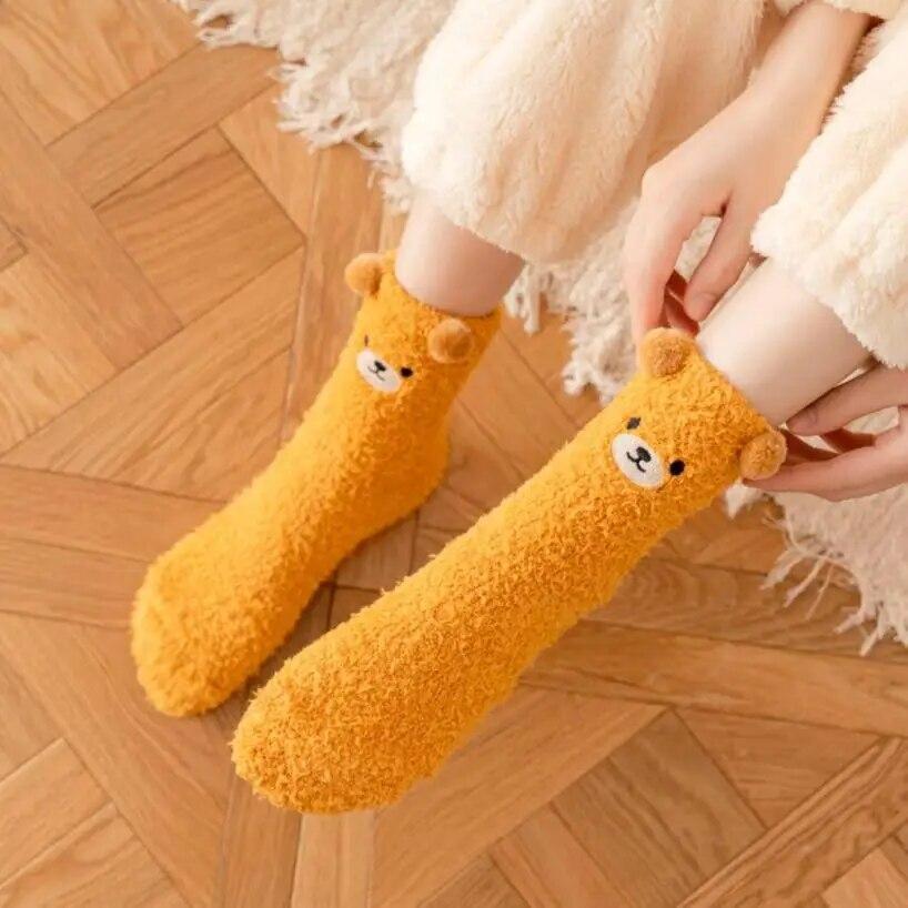 Women Winter Warm Fluffy Socks Home Floor Sleep Kawaii 3D Bear Cute Animal Thick Fleece Fuzzy Sock Japanese Fashion Korean Style