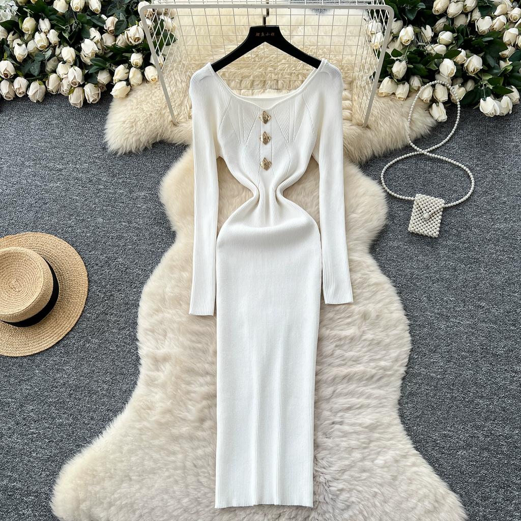 Autumn Spring Women Square Collar Full Sleeve Long Midi Knitted Sweater Office Work Slim Bodycon Pullover Dresses