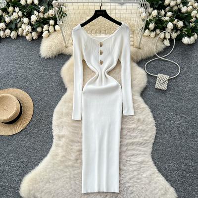 Autunno Primavera Donne Collo Quadrato Manica Lunga Lungo Midi Maglione Lavorato a Maglia Lavoro Ufficio Slim Bodycon Pullover Abiti