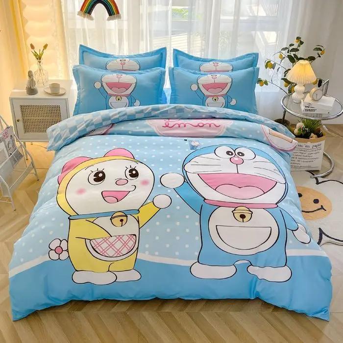 Doraemon Mechanical Cat Cartoon Style Pure Cotton Material Bed Three-piece Set Student Dormitory Dirty-Resistant Bedding