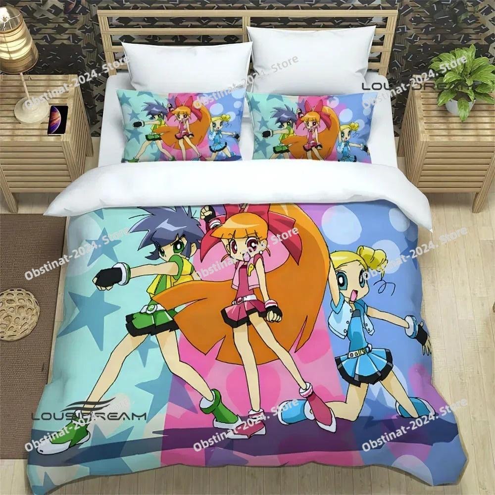 3D P-Powerpuff-Girls Cartoon Bedding Set Printed Bed Set Duvet Cover Sheet Pillowcase Bed Soft Quilt Cover Full Queen King Size