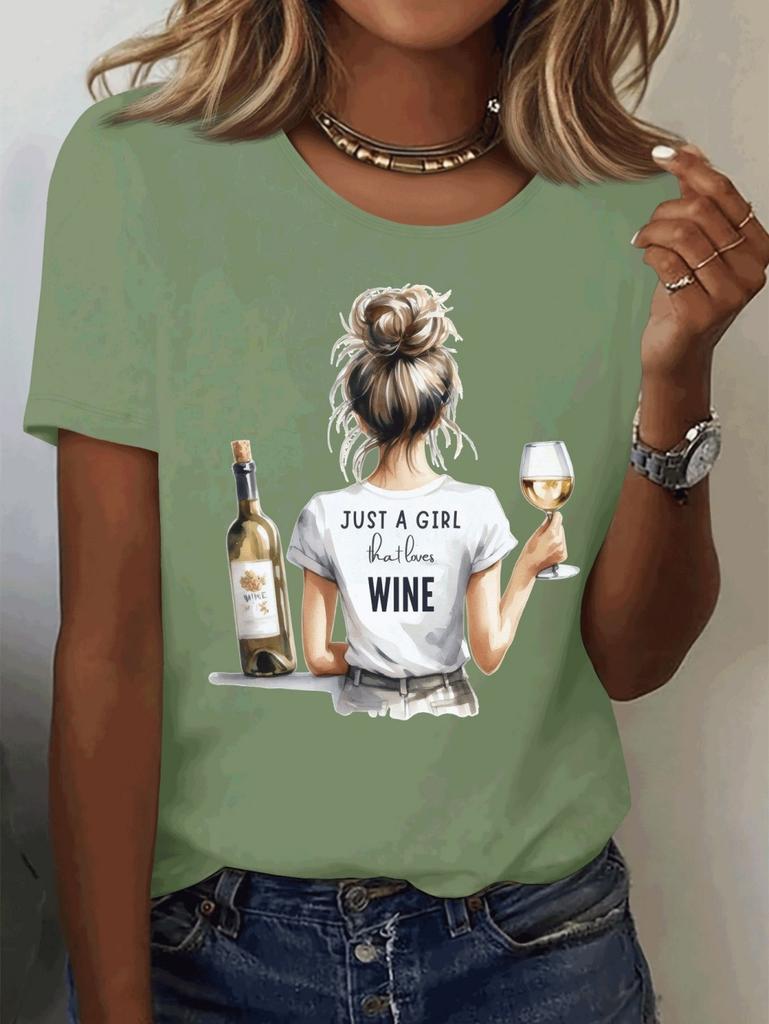 Women's Tops Girls' Wine Glass Graphics Print Summer Short Sleeved T-Shirt Minimalist Solid Color Casual Tees Clothing Female