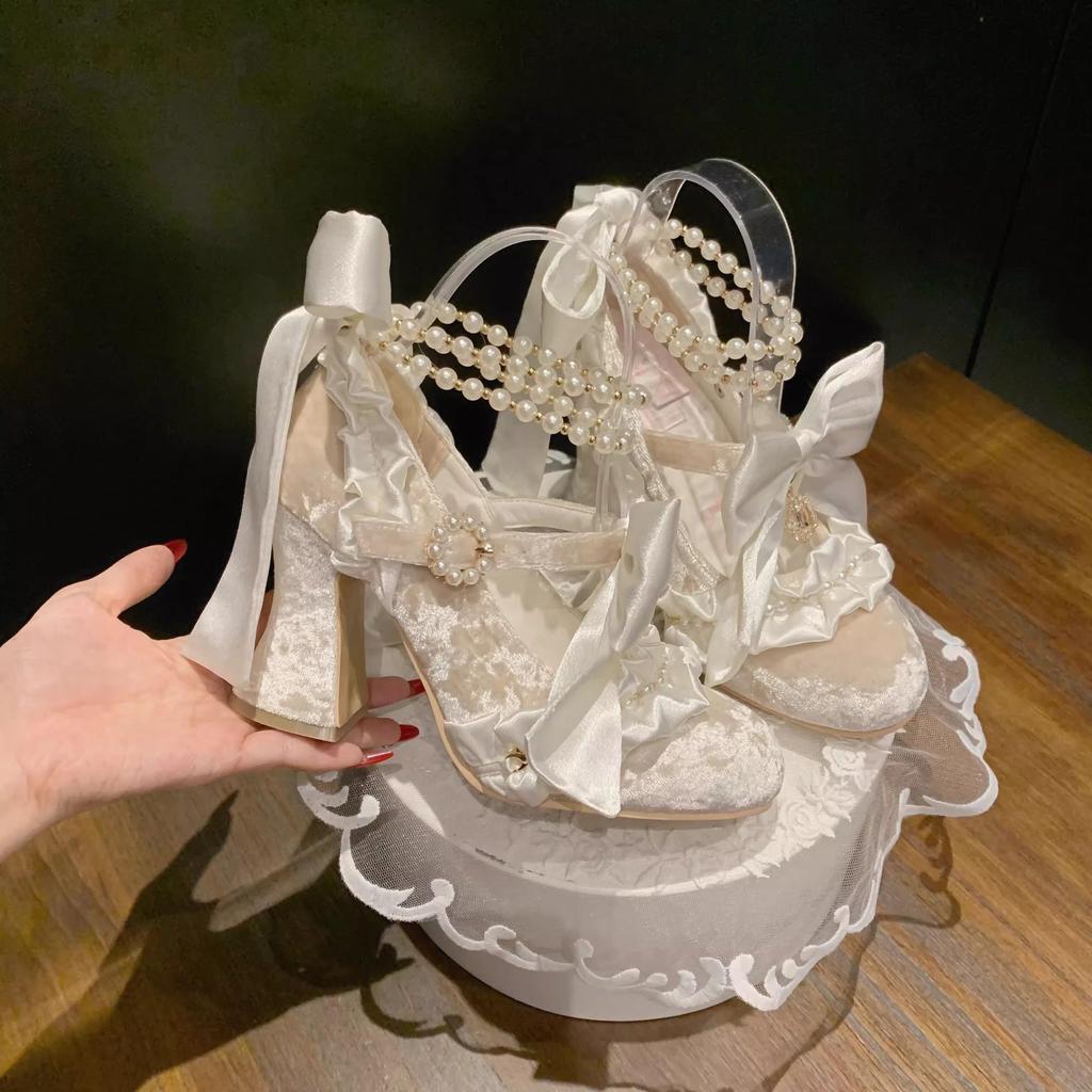 Shoes Woman Luxury Designer Lolita Court Style Velour Bowknot Princess Dress Shoes Sweet Lolita Elegant Ladies High Heels