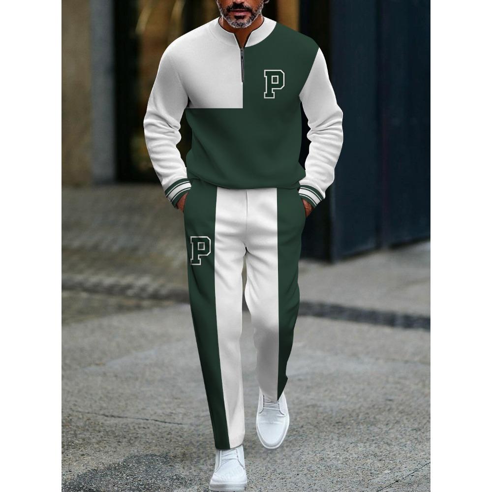 Spring Autumn 3D Printed Fashion Streetwear Men's Long-Sleeved Sets Half-Zipper Stand-Up Collar Men's Casual Sportswear Two-Piece set