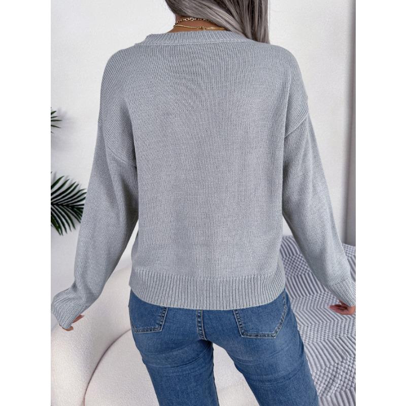Women Fall Winter Long Sleeve Heart Pattern Crew Neck Pullover Sweater