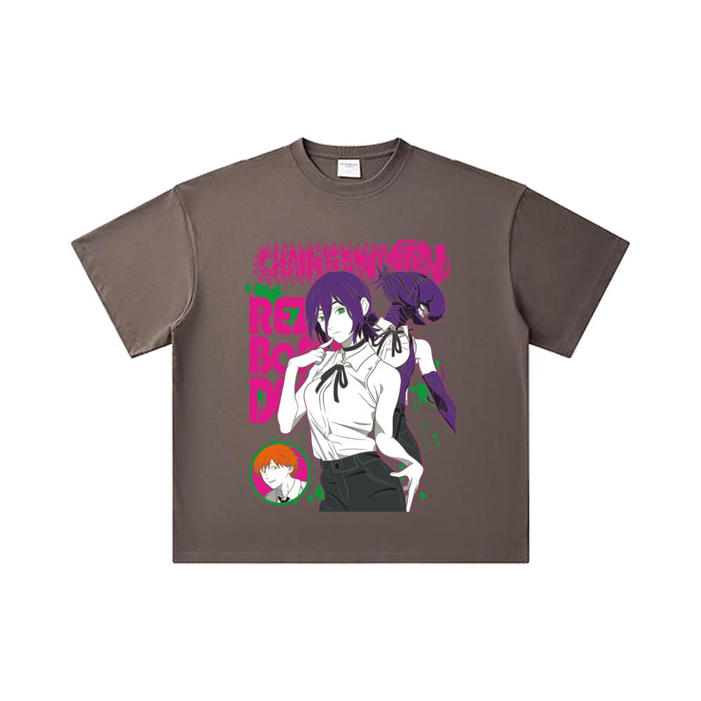 Camiseta Unisex de Algodón Pesado 260 GSM Hilo Doble 32 Count Estampado Chainsaw Man V44 Reze 100% Algodón