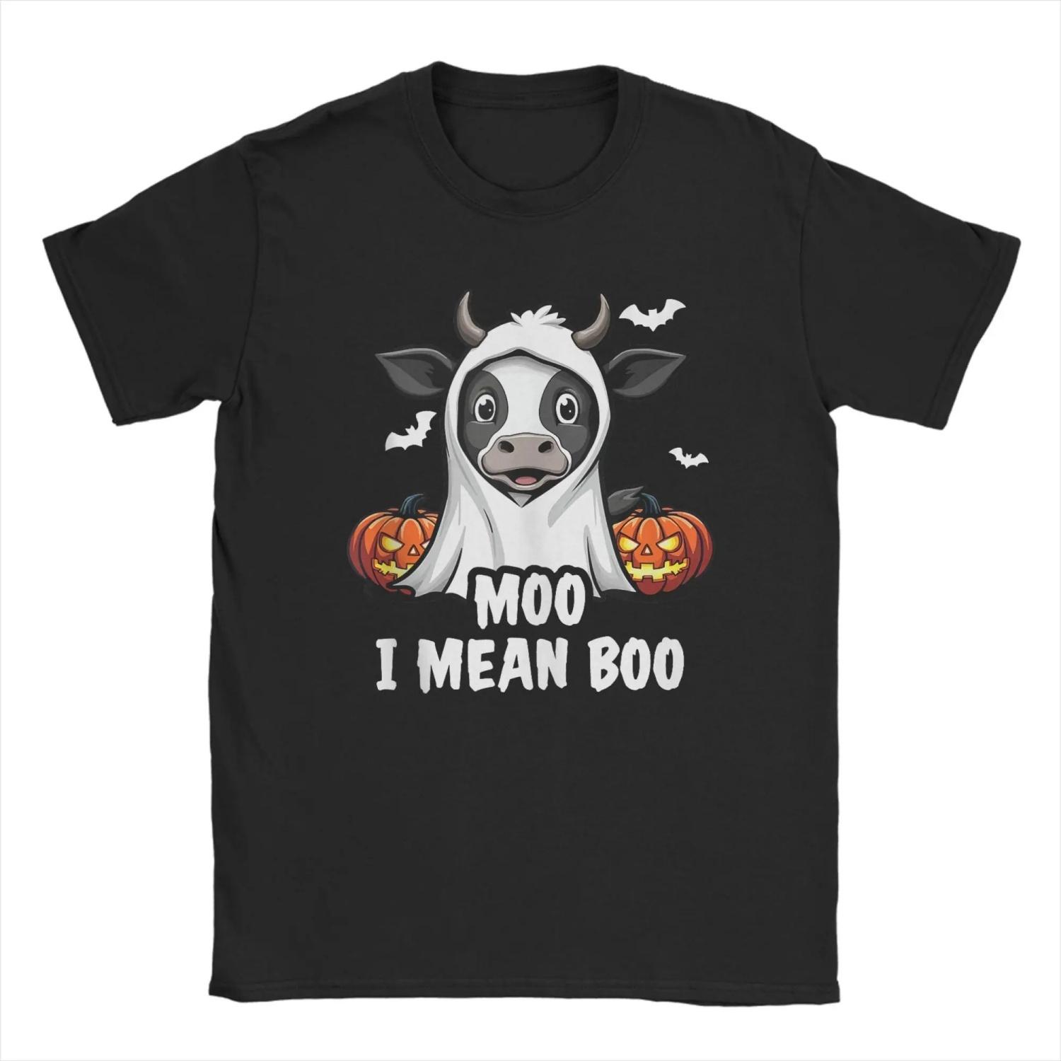 

Moo I Mean Boo Funny Cow Wearing Halloween Ghost T Shirt Amazing Tee Shirt Short Sleeve Round Neck T-Shirt Cotton Summer Top S чёрный