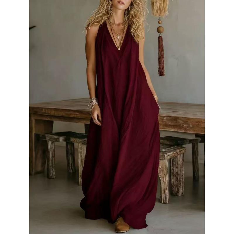QICED Fashion Summer Spring Solid Color Print Sleeveless V-Neck Casual Dresses