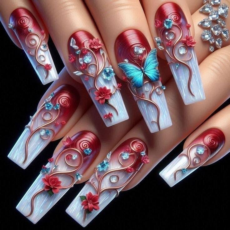 Blue Butterfly Red Gradient Floral Manicure Stickers - Long-Lasting False Nails