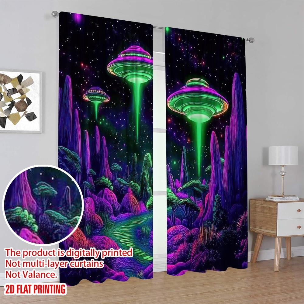 2D flat printing 2pcs Curtain Glow in the Dark Space Galaxy Alien Wall Protecting Privacy Party Decorations Use for Holiday Home