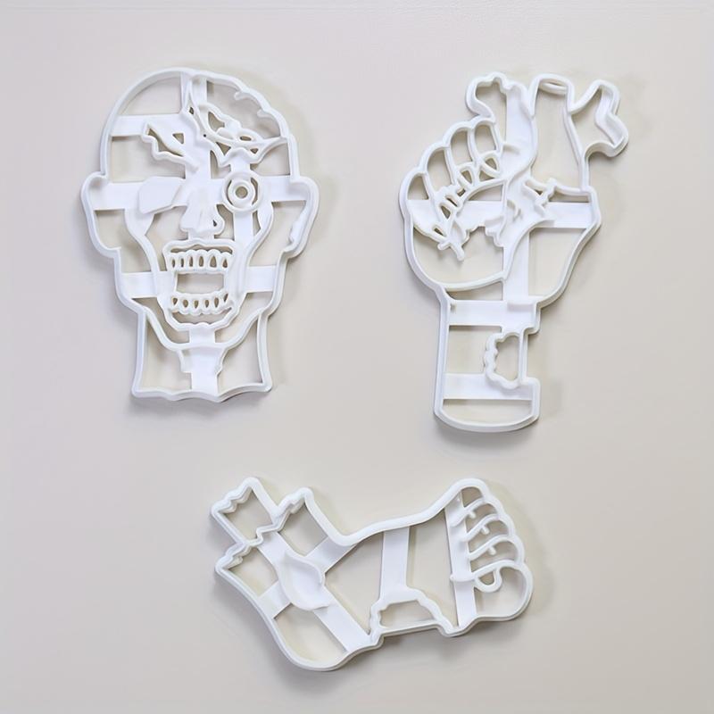 3pcs Halloween Horror Cookie Cutter Set , Skeleton, Zombie, and Hand Designs Plastic Baking Tools for Fondant Cake Decorating, DIY Desserts,