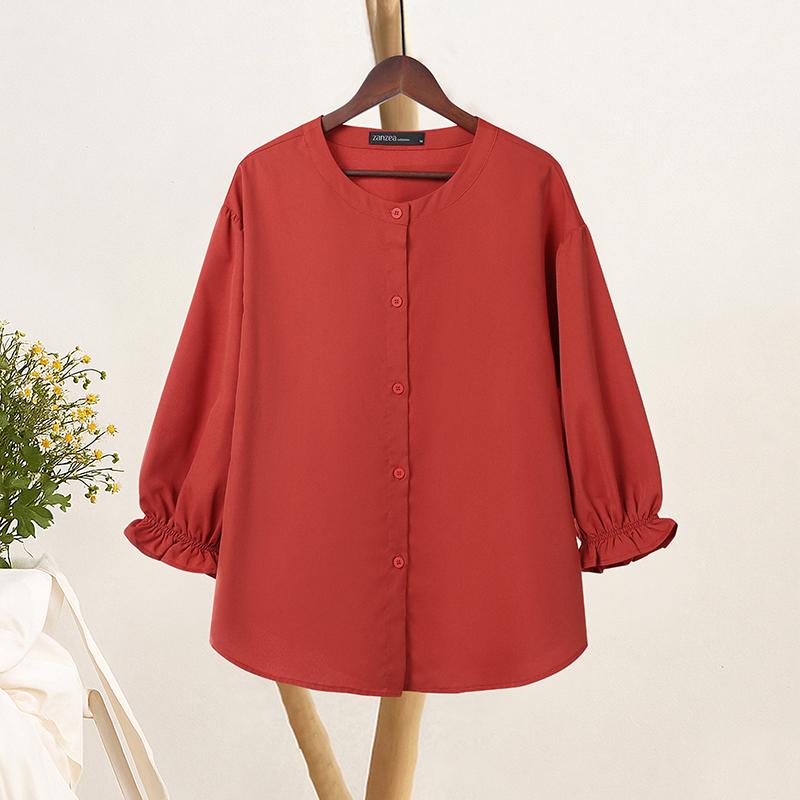 

ZANZEA Женская повседневная однотонная свободная блузка с круглым вырезом и рукавом 3/4 4XL