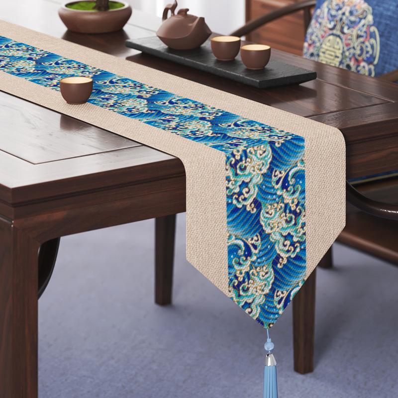 1pcs New Chinese Style Zen Tea Flag Cotton and Linen Waterproof Long Table Runner Tea Table and Dining Table Dual-use Cover Cloth with Tassels