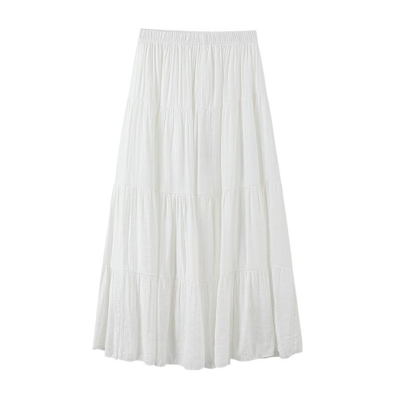 Women's Spring and Summer White Tiered Cake Skirt Elastic Waist A-Line High-Waisted Slimming Long Skirt Breeze Half Skirt