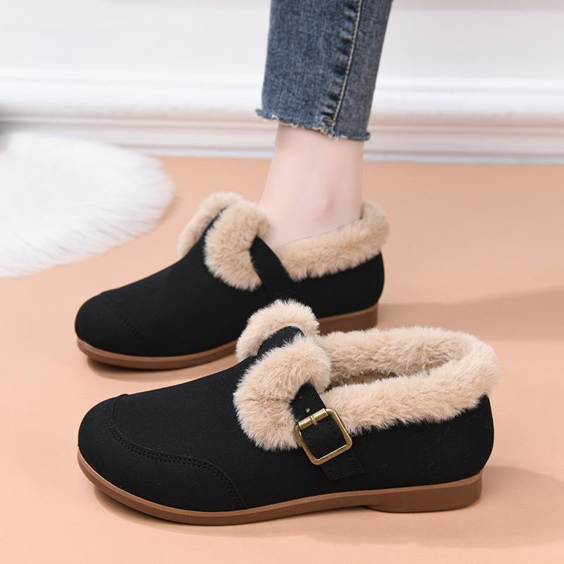 Winter New Retro Velvet Round Head Flat Bottom One-pedal Thermal Shoes Women's Matte Lamb Wool Cotton Shoes