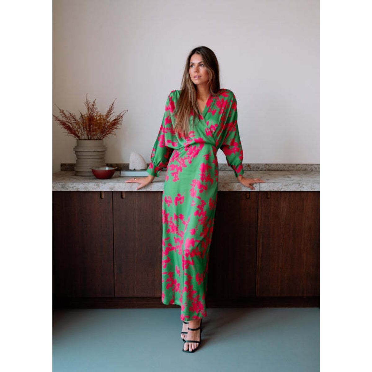 Women s  Fall New Elegant Floral Printed V-neck Lantern Sleeve Long Maxi Dress for European American Cross-border S зелёный