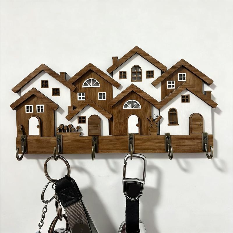 Retro Inspires Wood Key Holder With 3D House Shape Decorative Wooden Hanger For Keys And Small Items