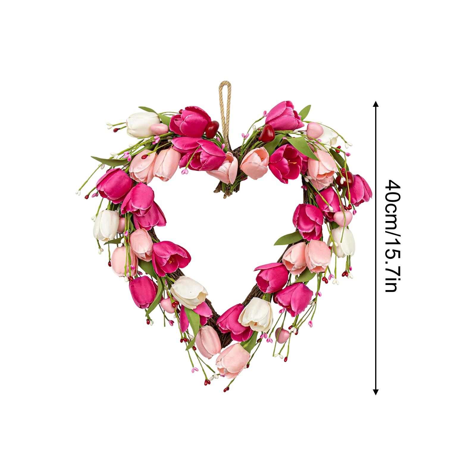 Romantic Heart Shaped Wreath for Valentines Day Gifts Artificial Tulip Flowers Pink Wreaths Wedding Anniversary Decor 40cm