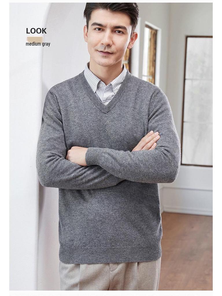 Men's 100% Pure Wool V-Neck Sweater, New Autumn/Winter Business Casual Soft Knit, Long-Sleeve Base Layer.