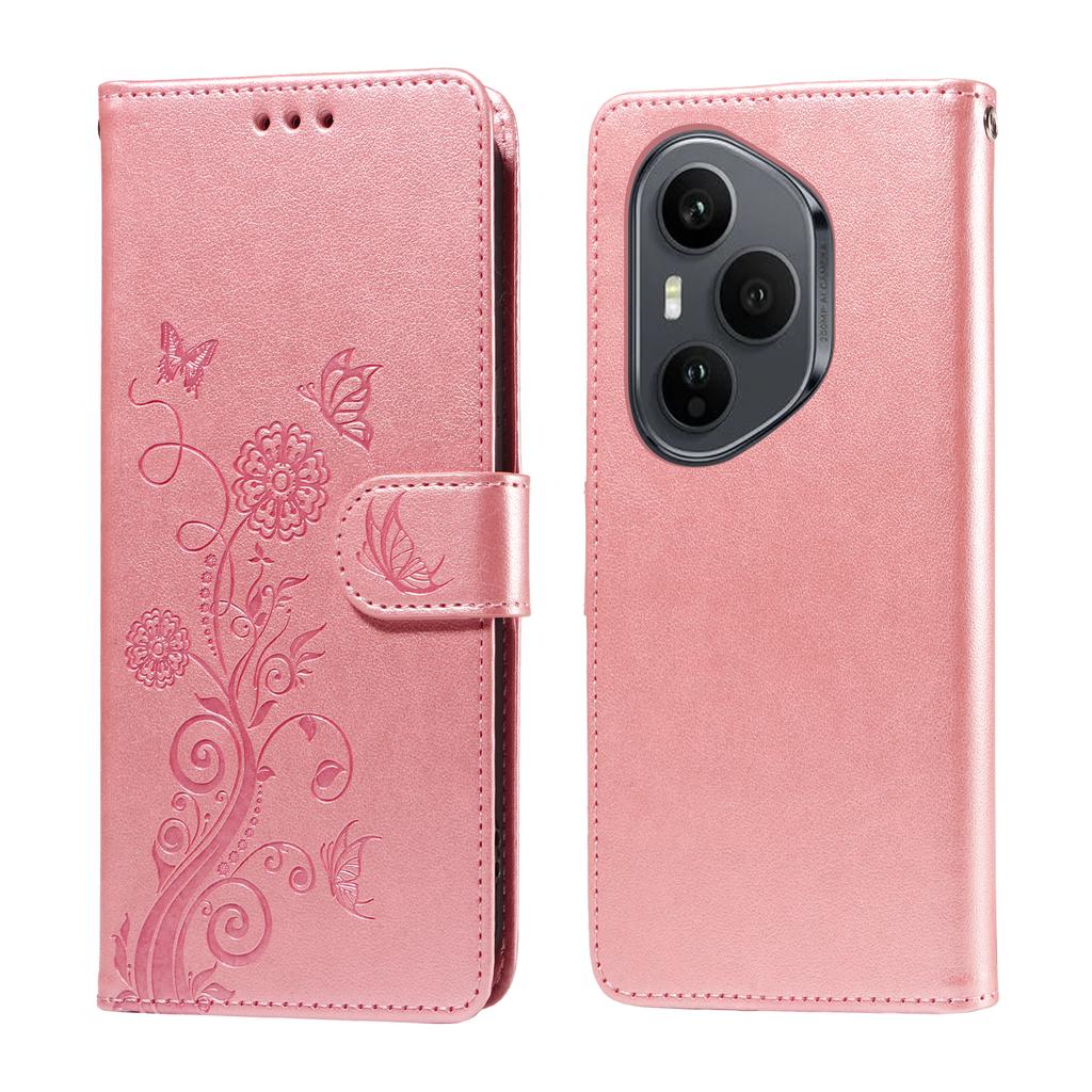For Honor 400 Pro 5G (Global) Leather Case Butterfly Floral Imprint Wallet Stand Cover