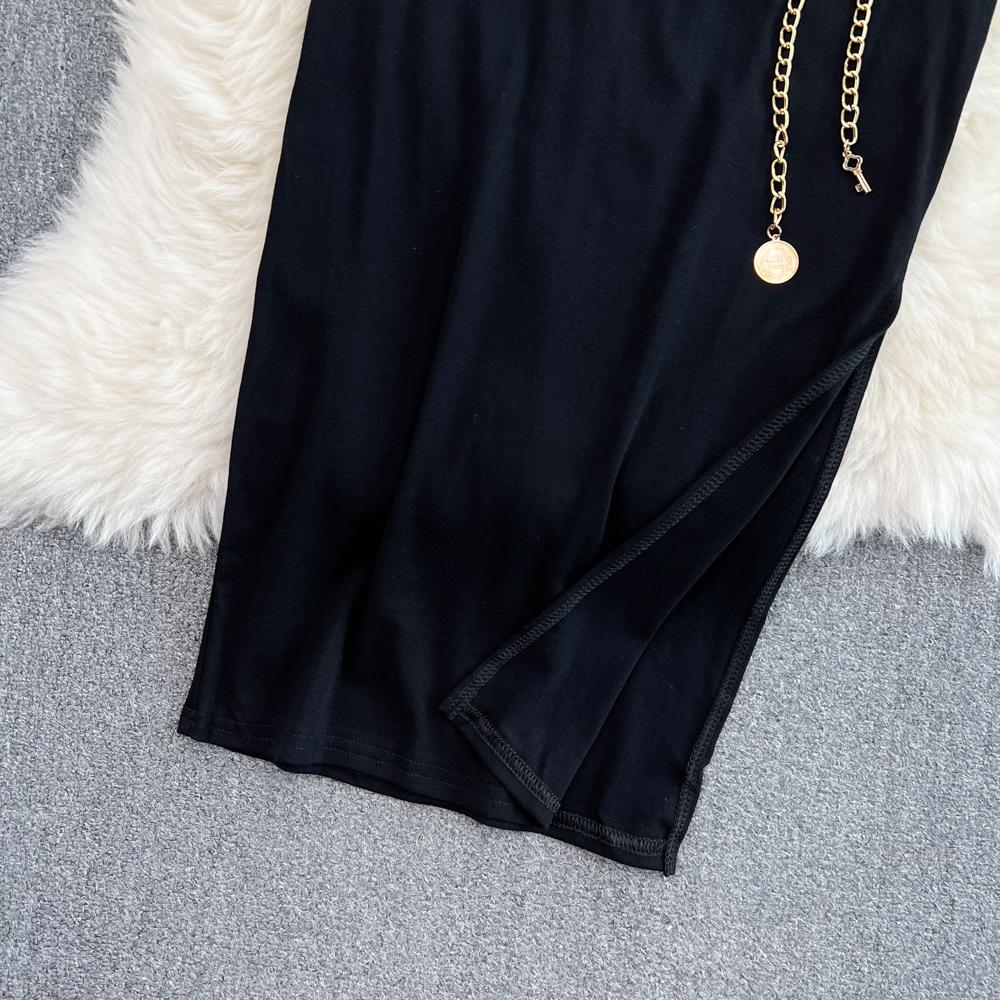 Fashion Suit Women Autumn Chain Halter Camisole Three-Piece Shawl Coat High Waist Bag Hip Skirt