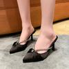 Spring and autumn new fashion pointed pleated rhinestone thin heel half slippers women wear satin high heels