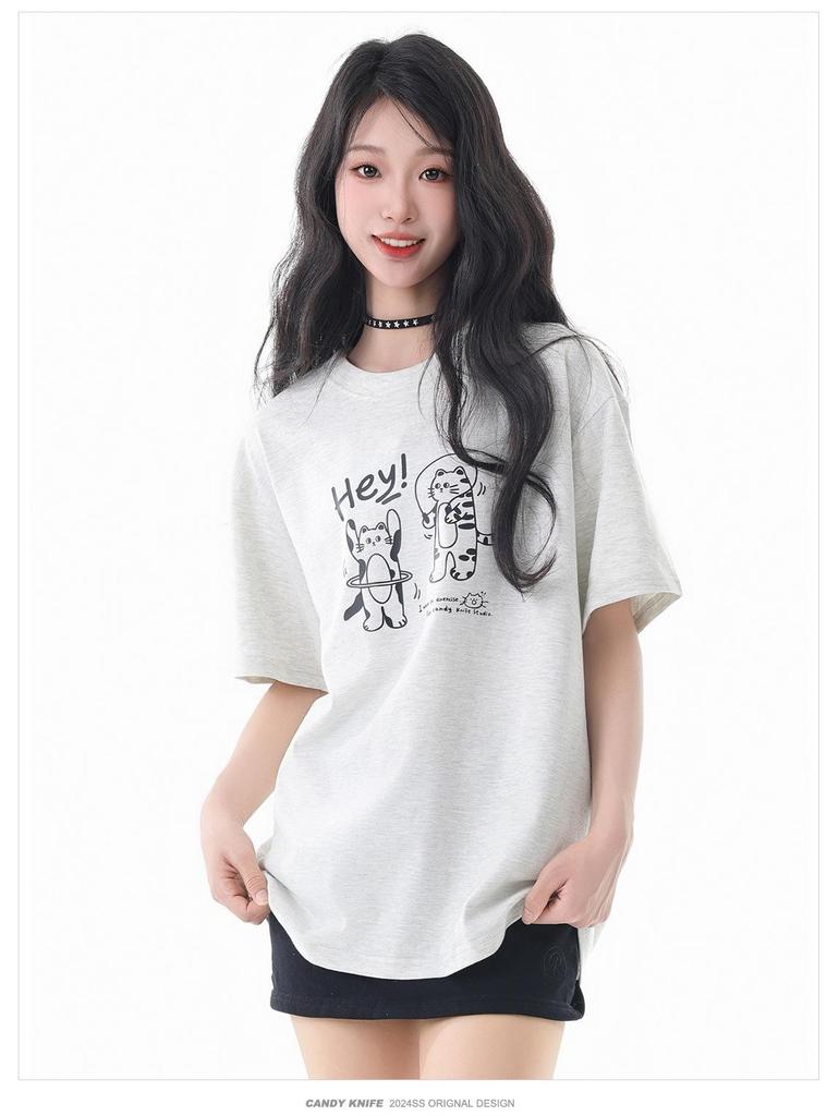 Unisex Summer Trend Cat Print Cotton Tee, Drop Shoulder, Loose Fit