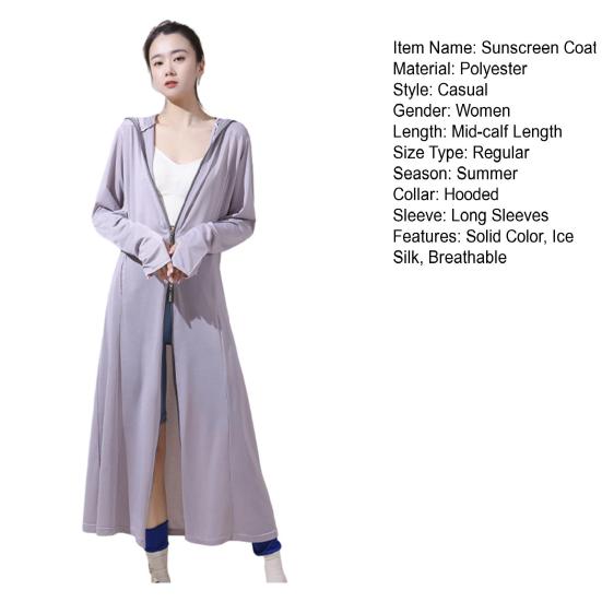 Langer Damen-Sonnenschutzmantel mit Kapuze, lange Ärmel, Anti-UV-Sonnenschutz, weich, atmungsaktiv, dünn, Eisseide, Reißverschluss, lockere Schweißabsorption