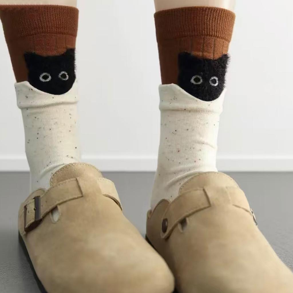Korean Style Trendy Sweet Cute Soft Cotton Socks Women's Color-blocked 3D Cartoon Kitten Mid-calf Socks