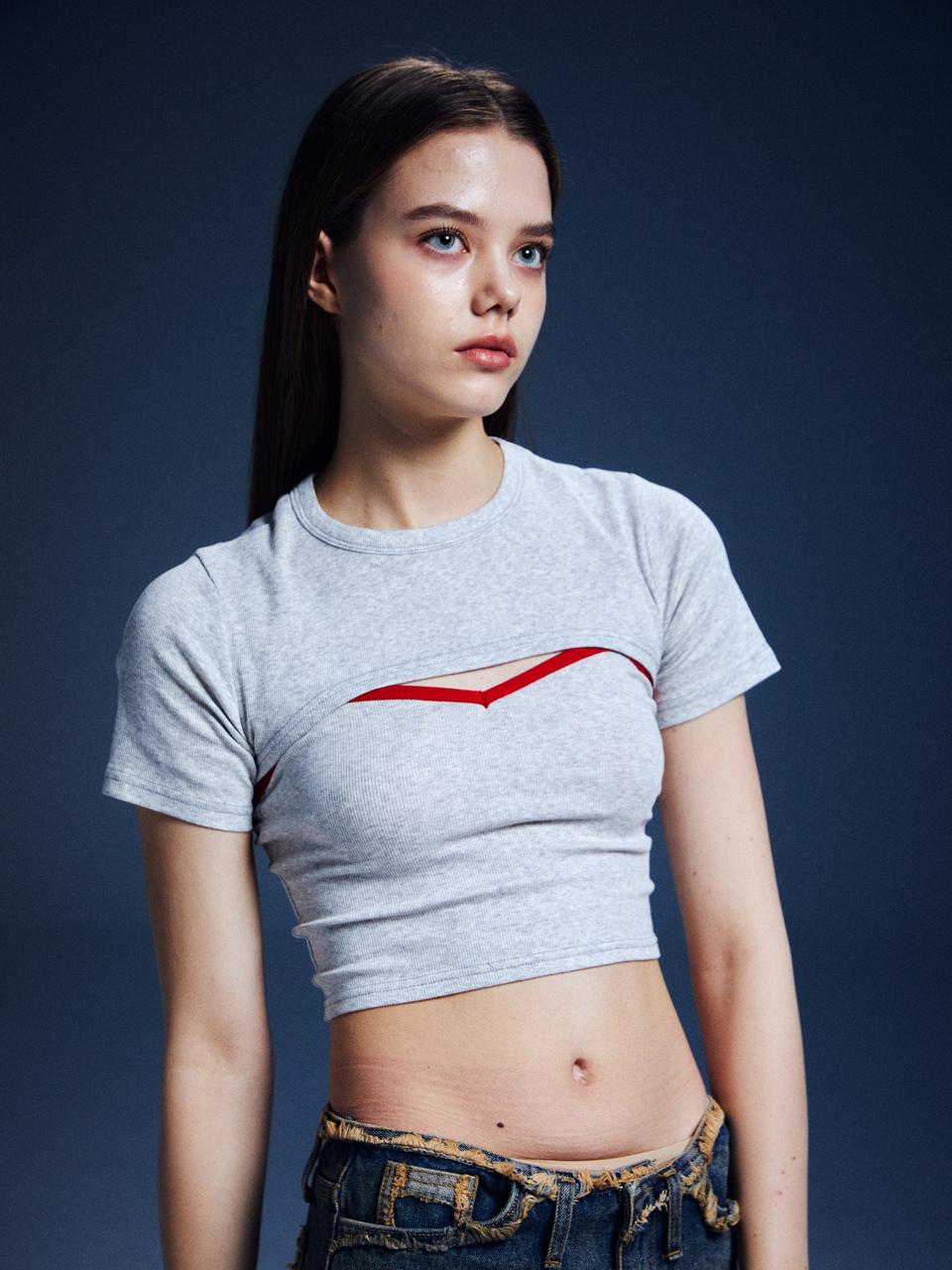 Renezmia Color Blocking Layered Top Set _ Gray/Red