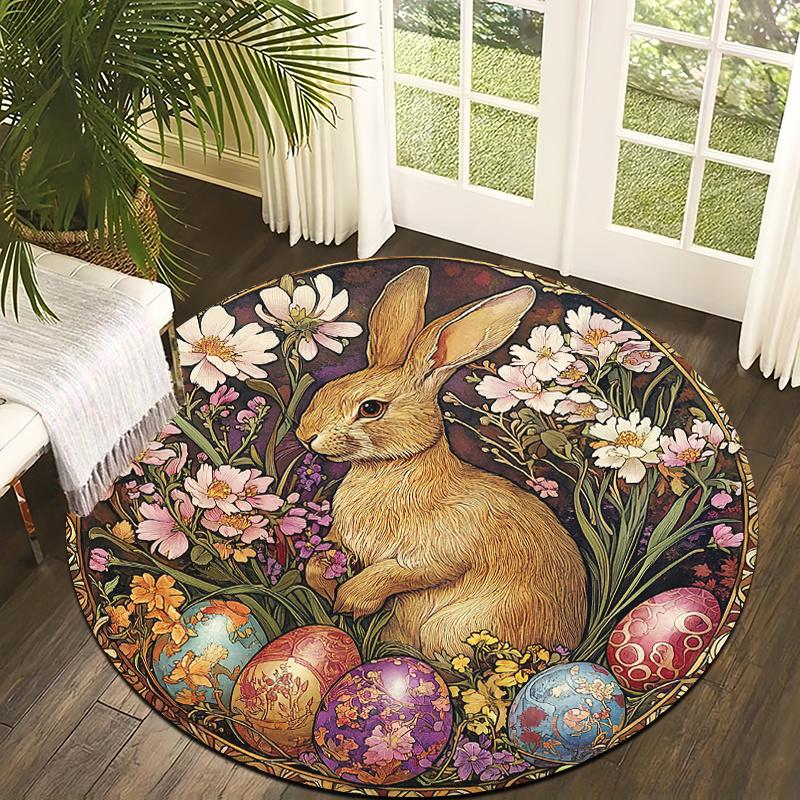 Vintage Rabbit Round Rug Non-Slip Machine Washable Floor Mat 2D Flat Soft Area Rug for Bedroom Easter Decor Gift
