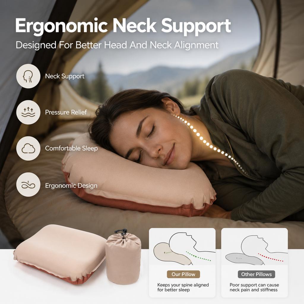 Self-Inflating Travel Pillow Lightweight Compressible Portable Outdoor Neck Pillow for Road Trips, Camping, Hiking & Flights