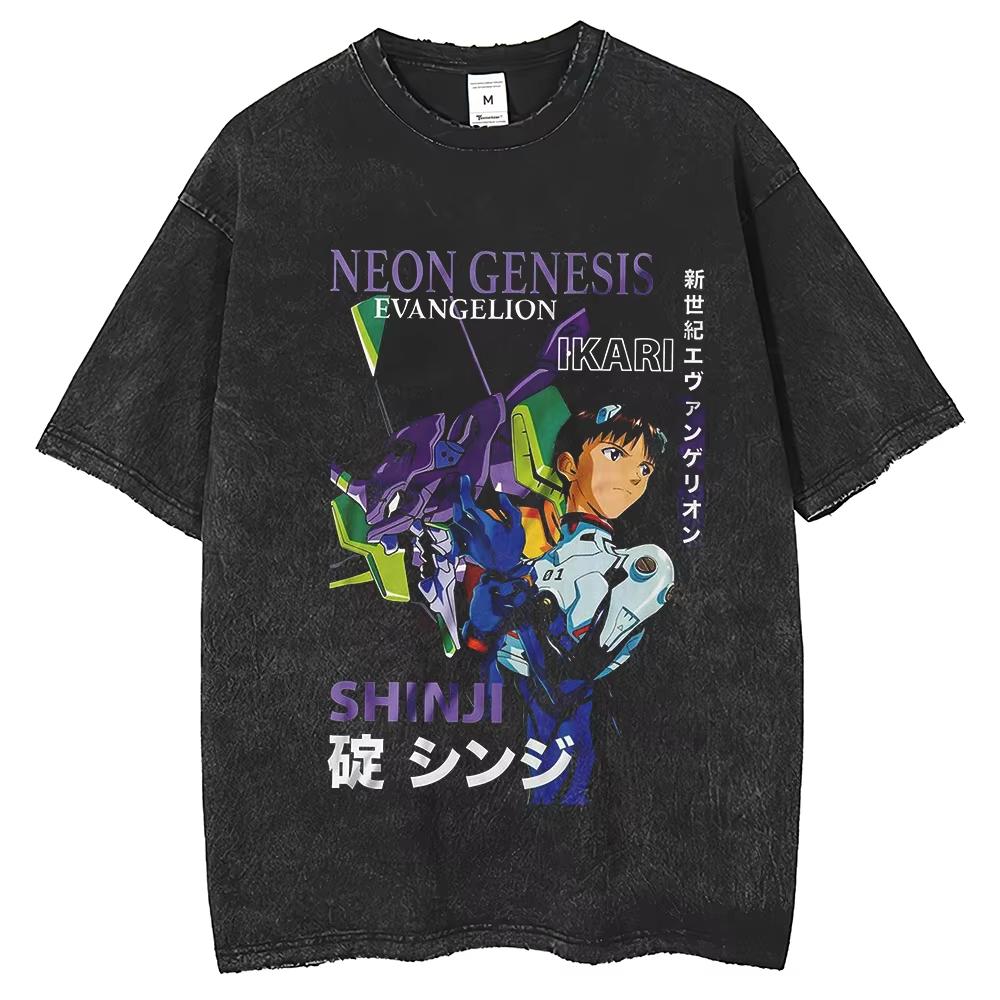 EVA 01 Men's Street Apparel T-shirt Vintage Wash Anime Printed Tee Women Harajuku Casual Short Sleeve Clothing Top