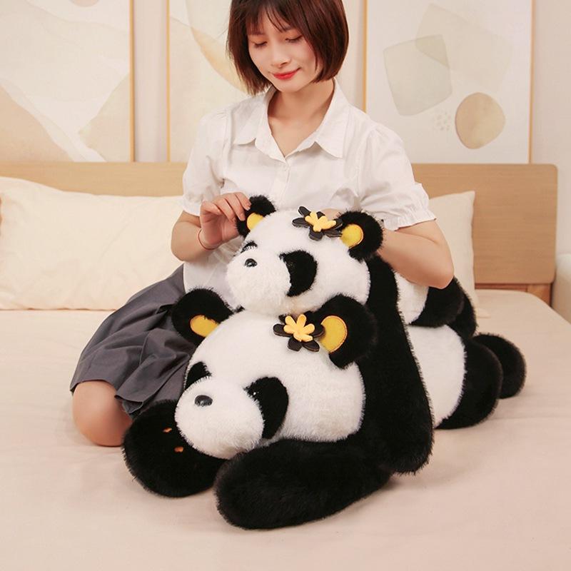 Cute Flower Giant Panda Doll Plush Toy Lying Down Black and White Panda Doll Girl Sleeping Soothing Rag Doll