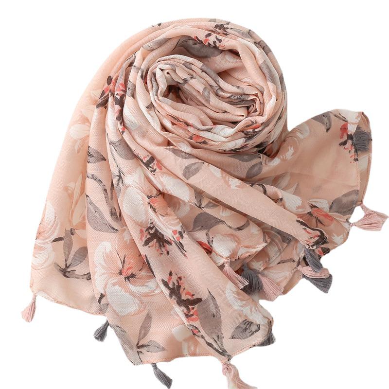 Růžovo-šedá šála s květinovým vzorem rybí kosti z měkké směsi bavlny a lnu s třásněmi